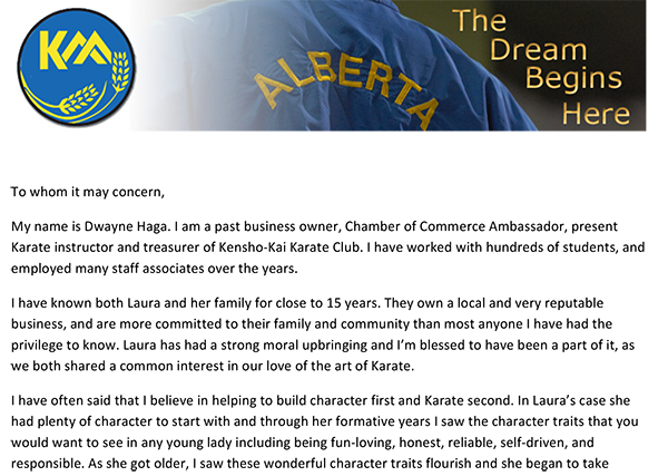 Karate Letter of Reference