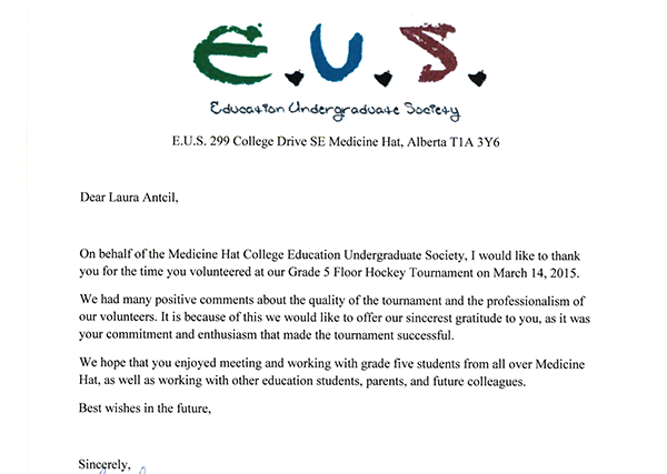 E.U.S. Floor Hockey Thank You Letter