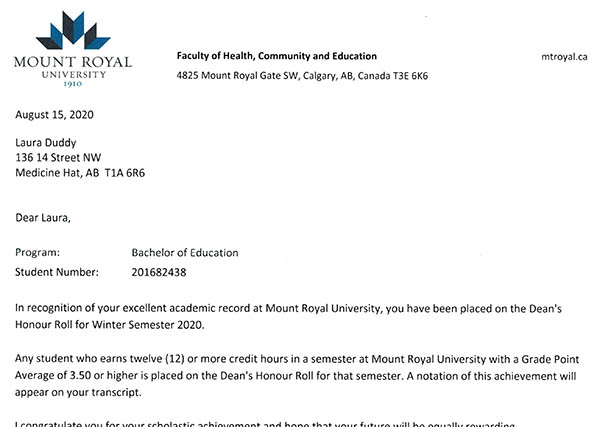 MRU Honour Roll Winter 2020